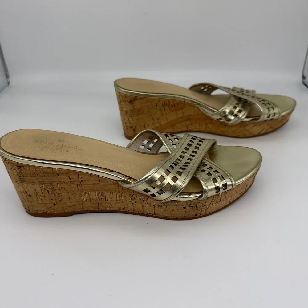 Kate Spade New York Gold Metallic‎ Lattice Cork Wedge Sandals Womens 10M